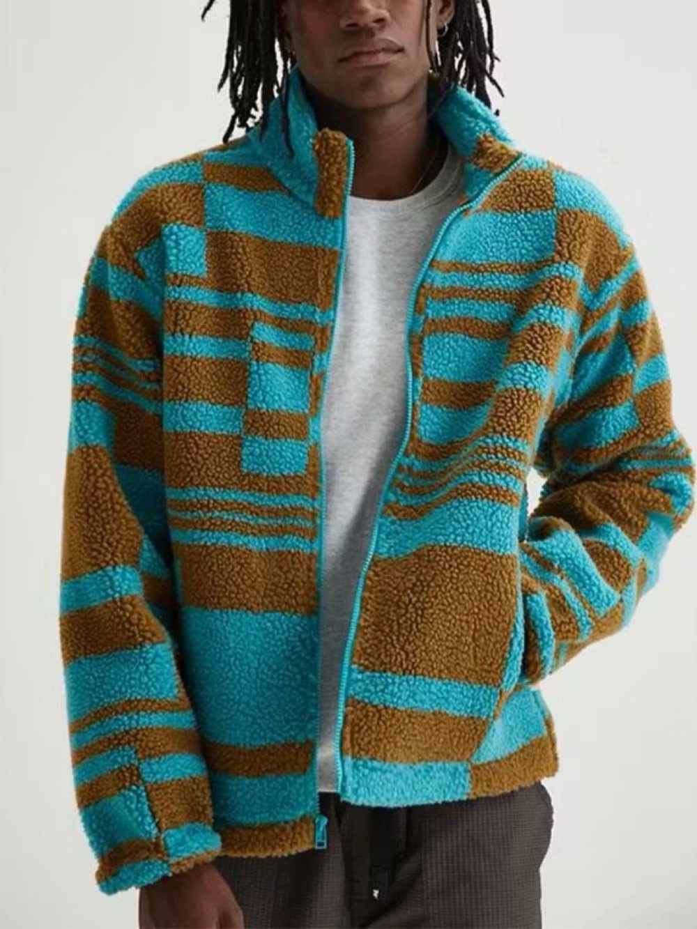 Men’s Urban Outfitters Teal and Brown Checkered Sherpa Zip Jacket